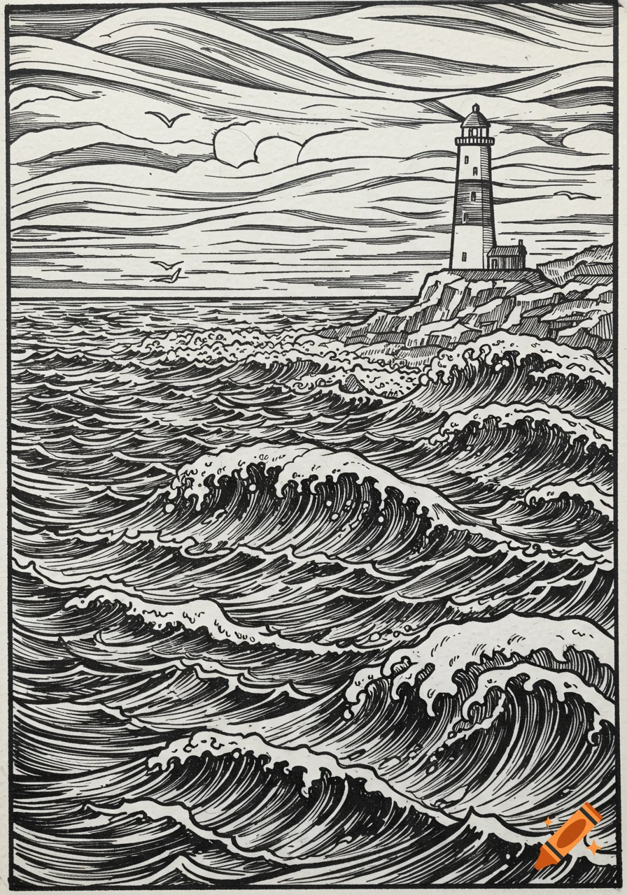 Black and white linocut illustration of a lighthouse on a cliff overlooking a stormy sea with large waves and birds flying.