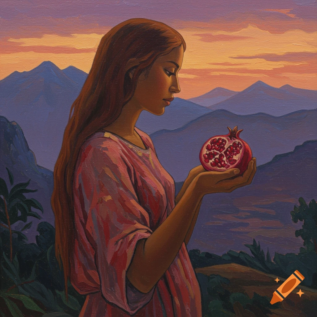A painting of a woman in profile holding a sliced pomegranate, with mountains and a sunset sky in the background.