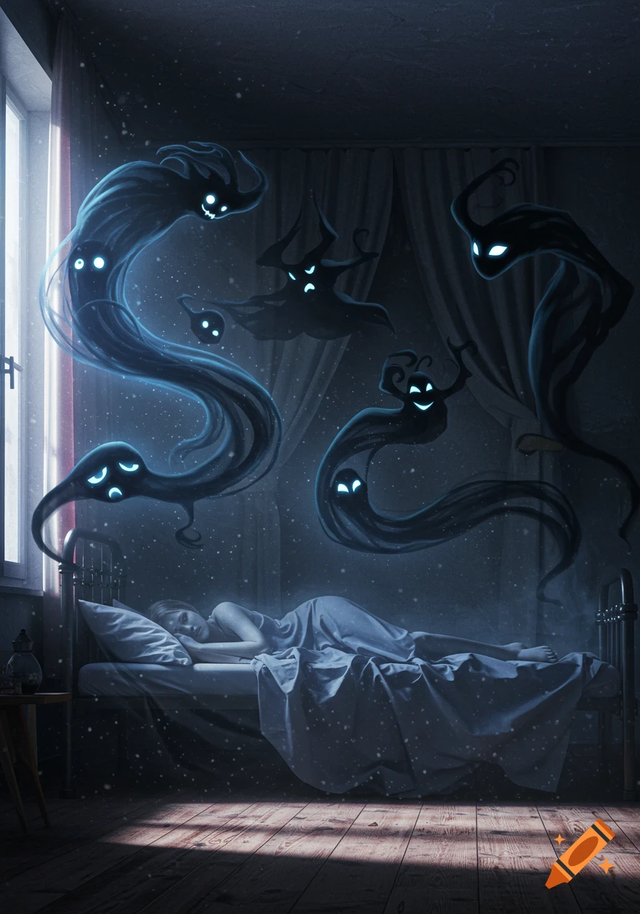 An eerie fantasy illustration of a person sleeping in a dark bedroom, surrounded by glowing, dark ghostly figures hovering above them.