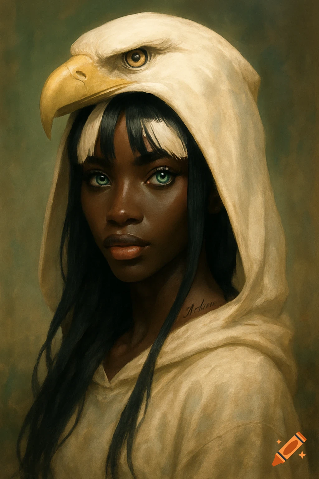 A dark-skinned woman with emerald eyes, black hair, and white bangs wears a cream hoodie with an eagle head as the hood, in a painted style.