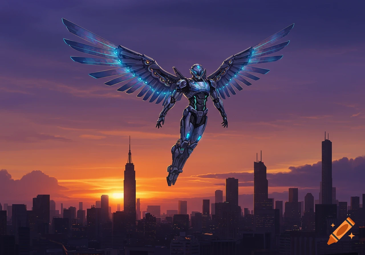 A robotic figure with glowing wings flies above a city skyline at sunset, with buildings silhouetted against an orange and purple sky.