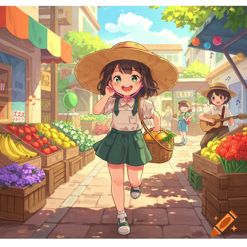 A cheerful anime girl in a straw hat runs through a lively outdoor market with fruit stalls, while people play music in the background.