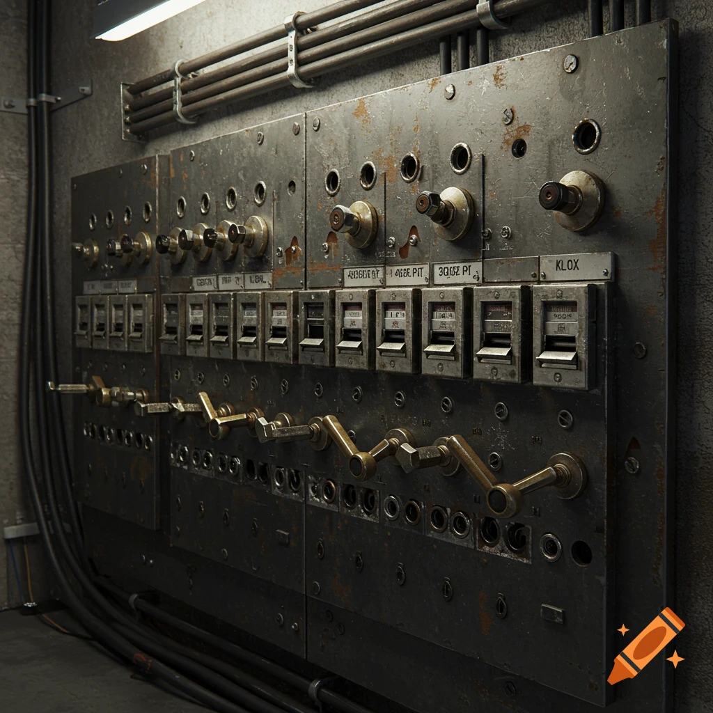 Close-up of a rusty, weathered industrial control panel with many switches, knobs, and exposed wires.