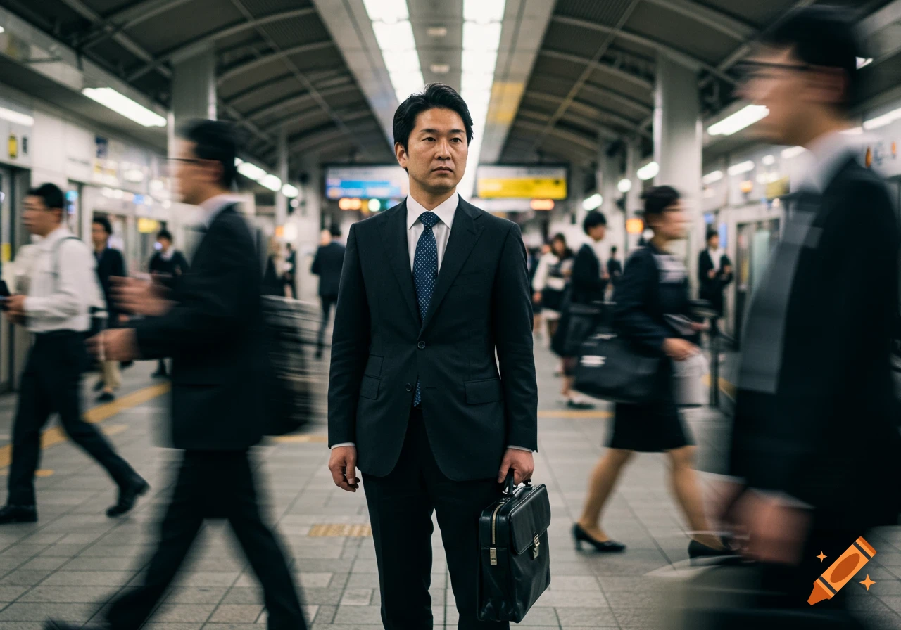 A serious Japanese man in a black suit with a briefcase stands still in a busy, blurred train station with people rushing past.