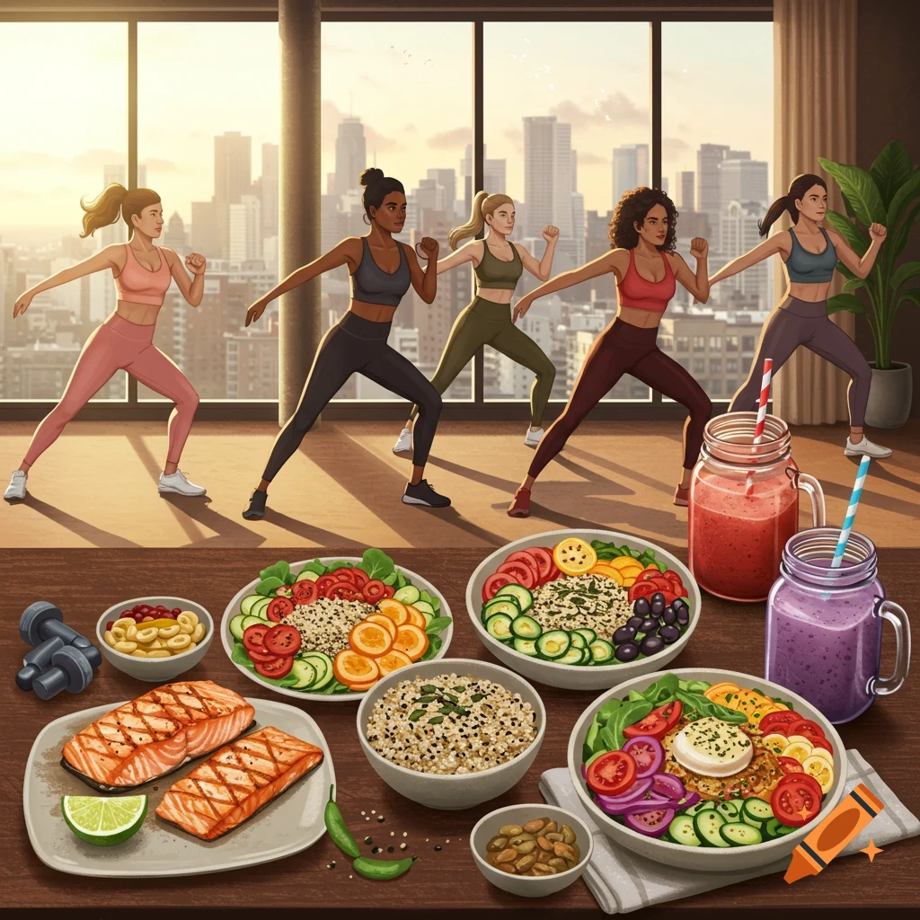 Five women in workout clothes exercise in front of a cityscape, with a table of healthy food and smoothies in the foreground.
