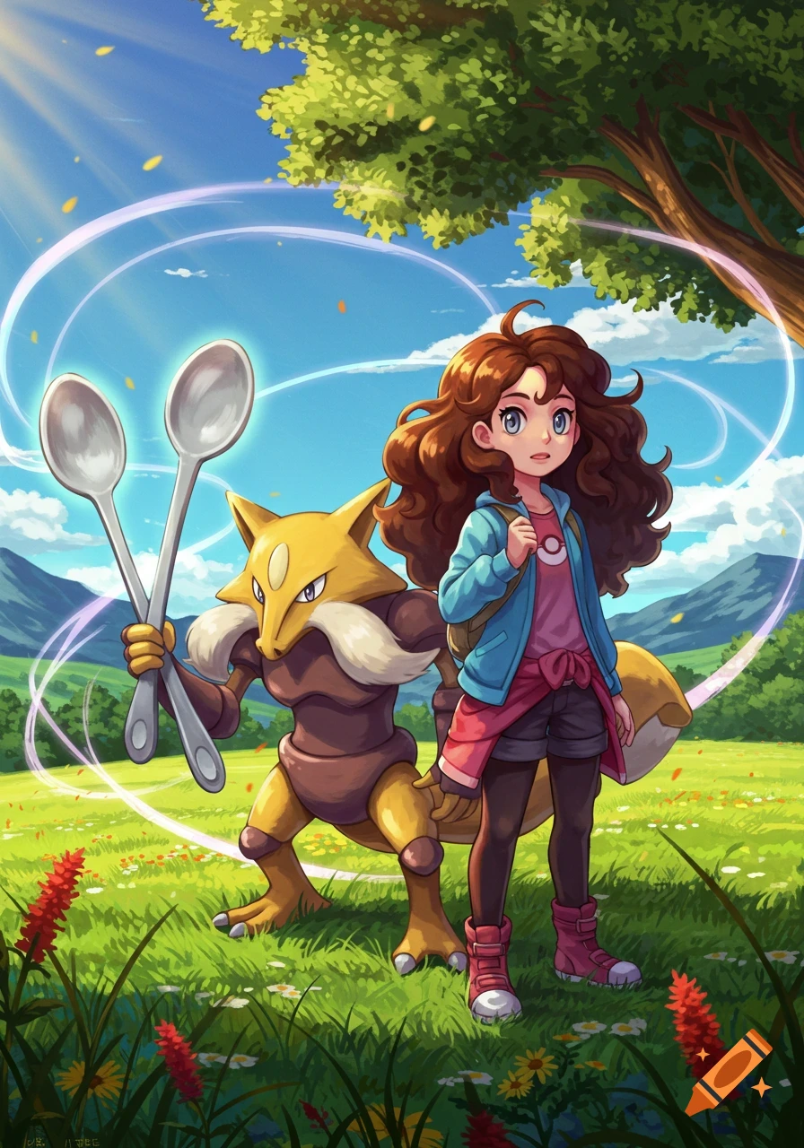 A brown-haired girl and the Pokemon Alakazam stand in a sunny, grassy field with a large tree, in an anime style.