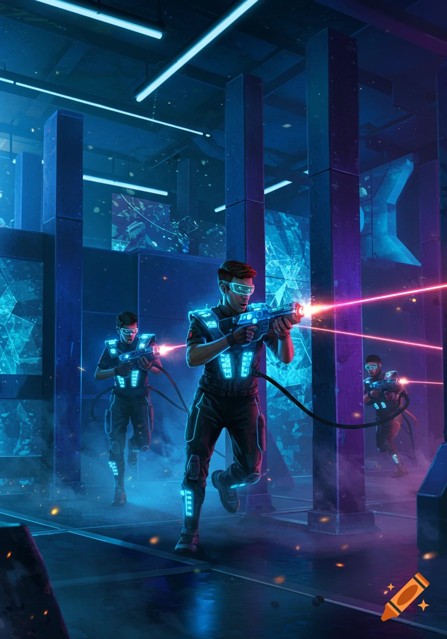 Three players in neon laser tag gear run through a dark, futuristic arena, firing laser guns.