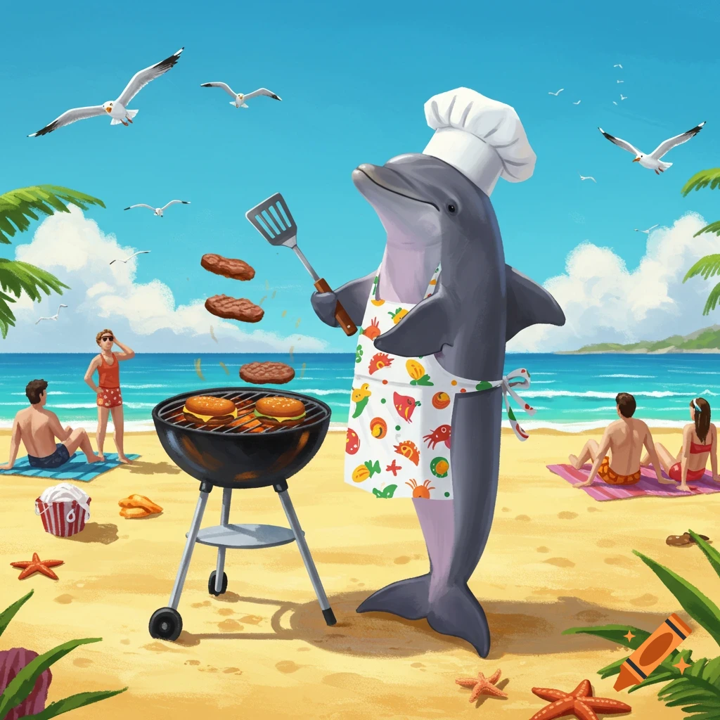 Cartoon illustration of a dolphin chef flipping burgers on a grill at a sunny beach with people relaxing and seagulls flying.