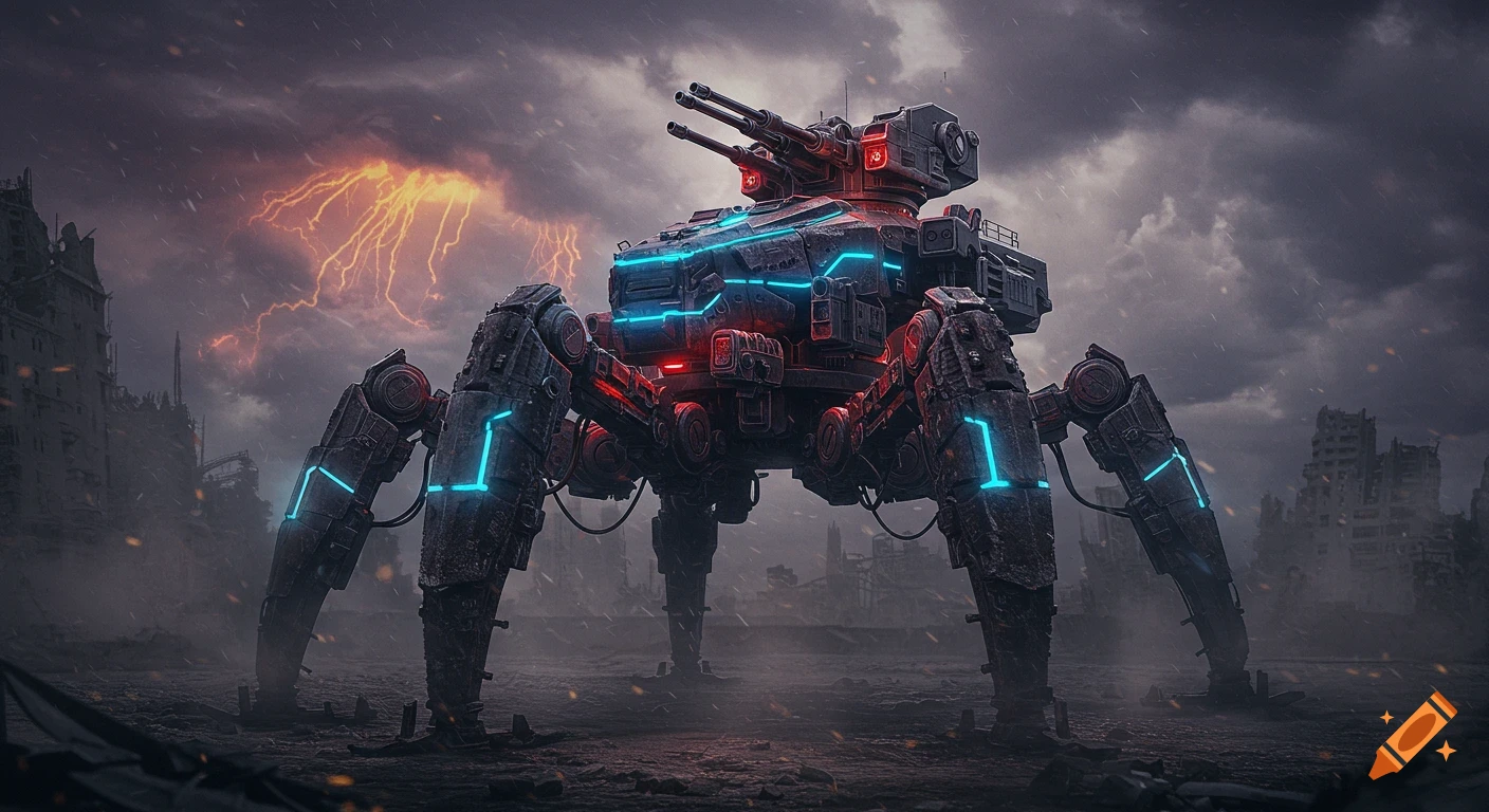 Massive sci-fi spider war machine with glowing blue and red lights in a desolate, ruined city under a stormy sky.
