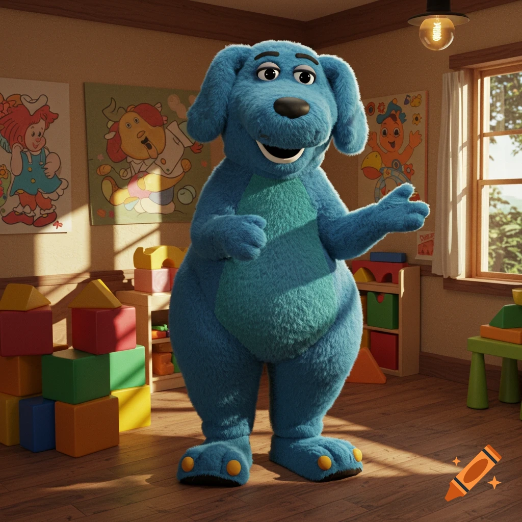 A friendly blue anthropomorphic dog mascot stands in a brightly lit children's playroom with colorful blocks and cartoon posters.