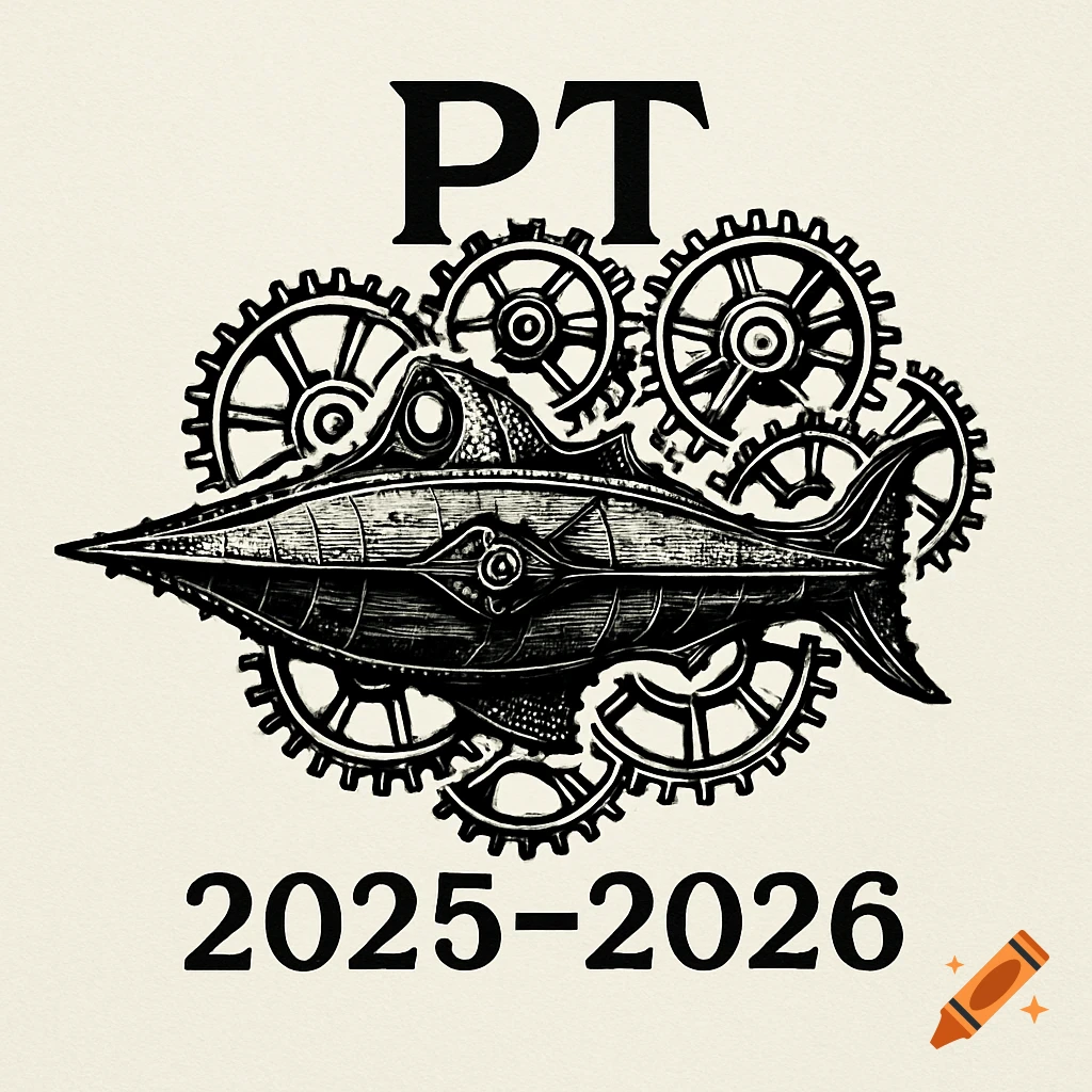 Black and white steampunk logo featuring a Nautilus submarine, gears, and text 'PT 2025-2026'.