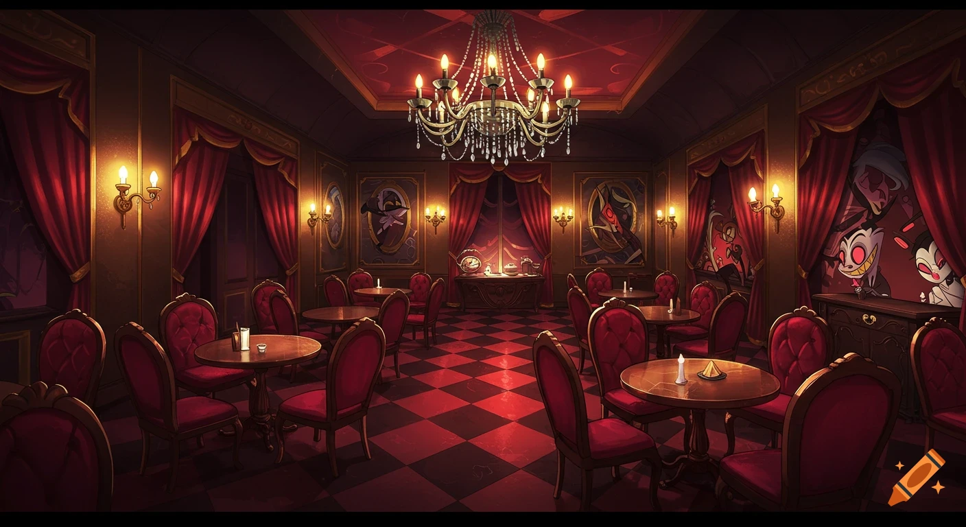 A richly decorated, dimly lit cafe interior in Hazbin Hotel style, with red velvet chairs, round tables, a chandelier, and characters peeking.