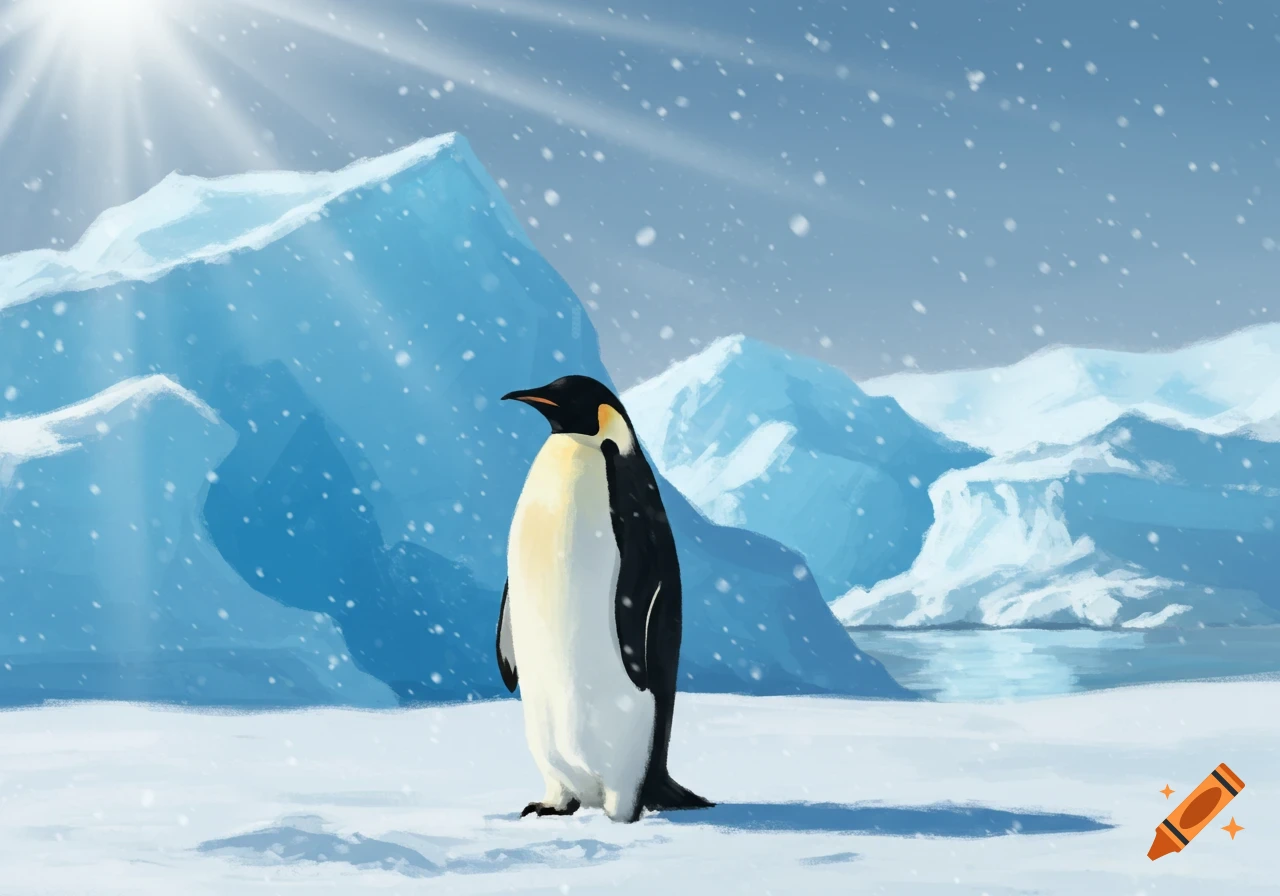 An illustrated emperor penguin stands in a snowy arctic landscape with icebergs, falling snow, and sun rays.