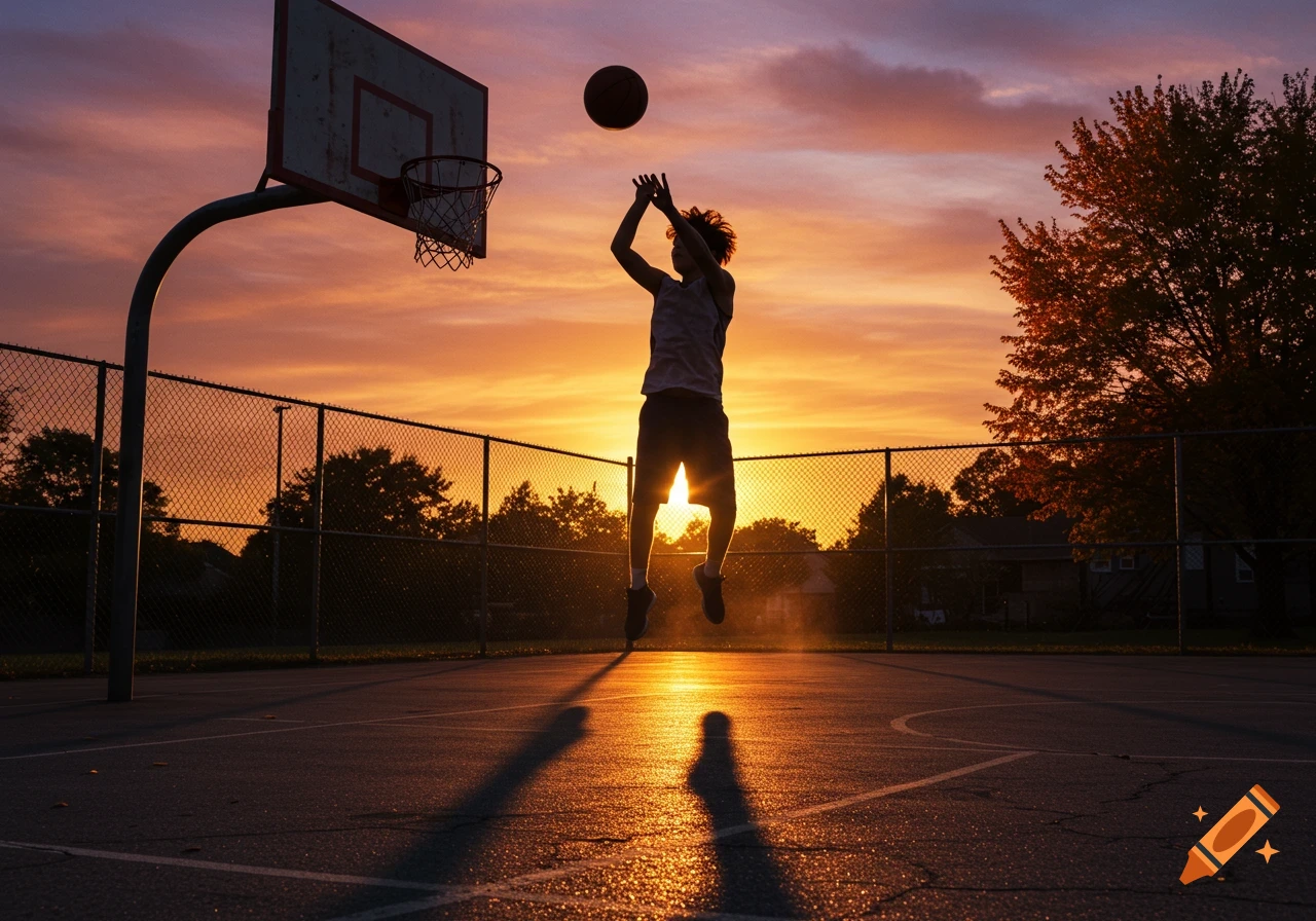 A boy in silhouette jumps to shoot a basketball on an outdoor court at sunset, casting long shadows.