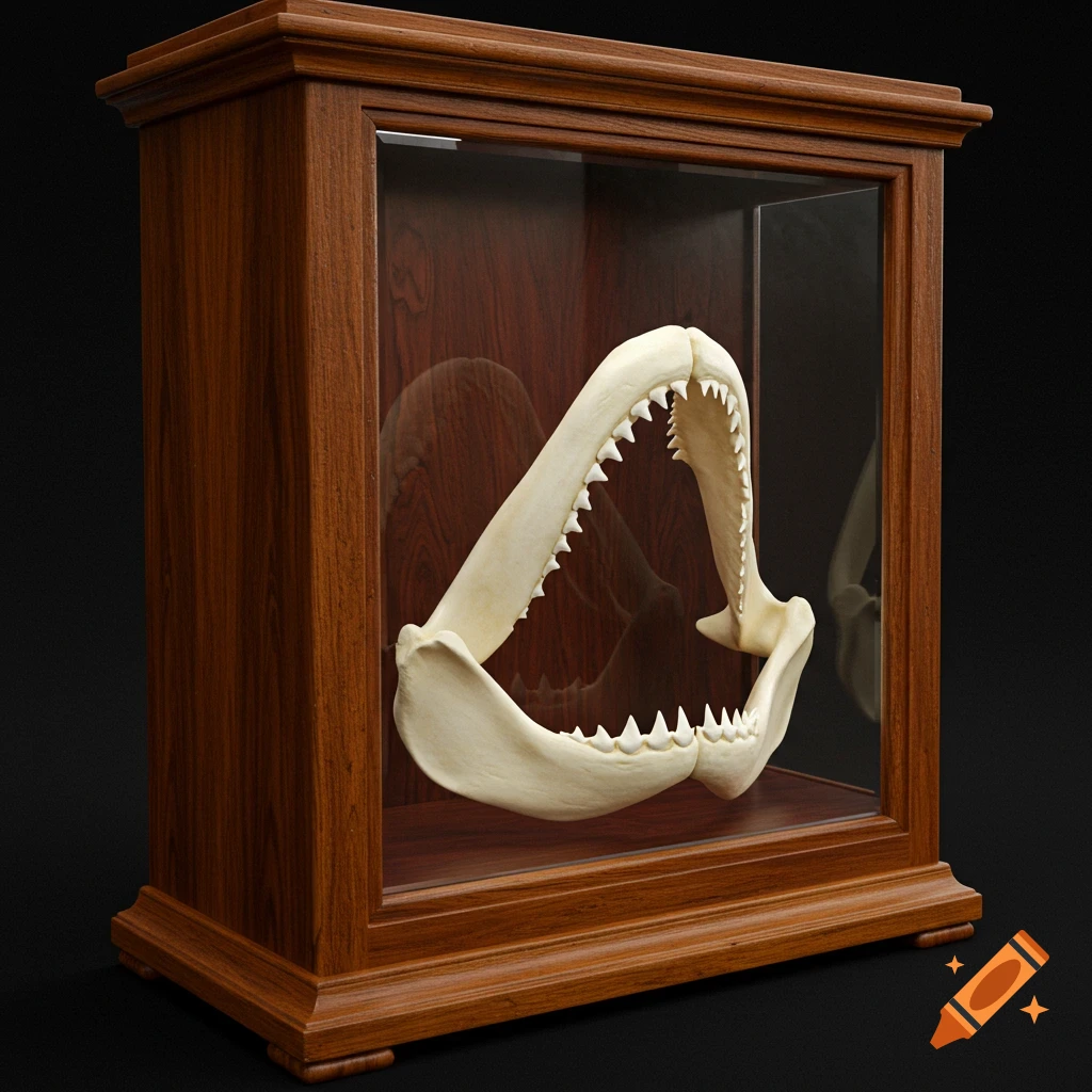 Photorealistic image of an ivory-colored shark jaw displayed inside a cherry wood and dark rosewood display case.