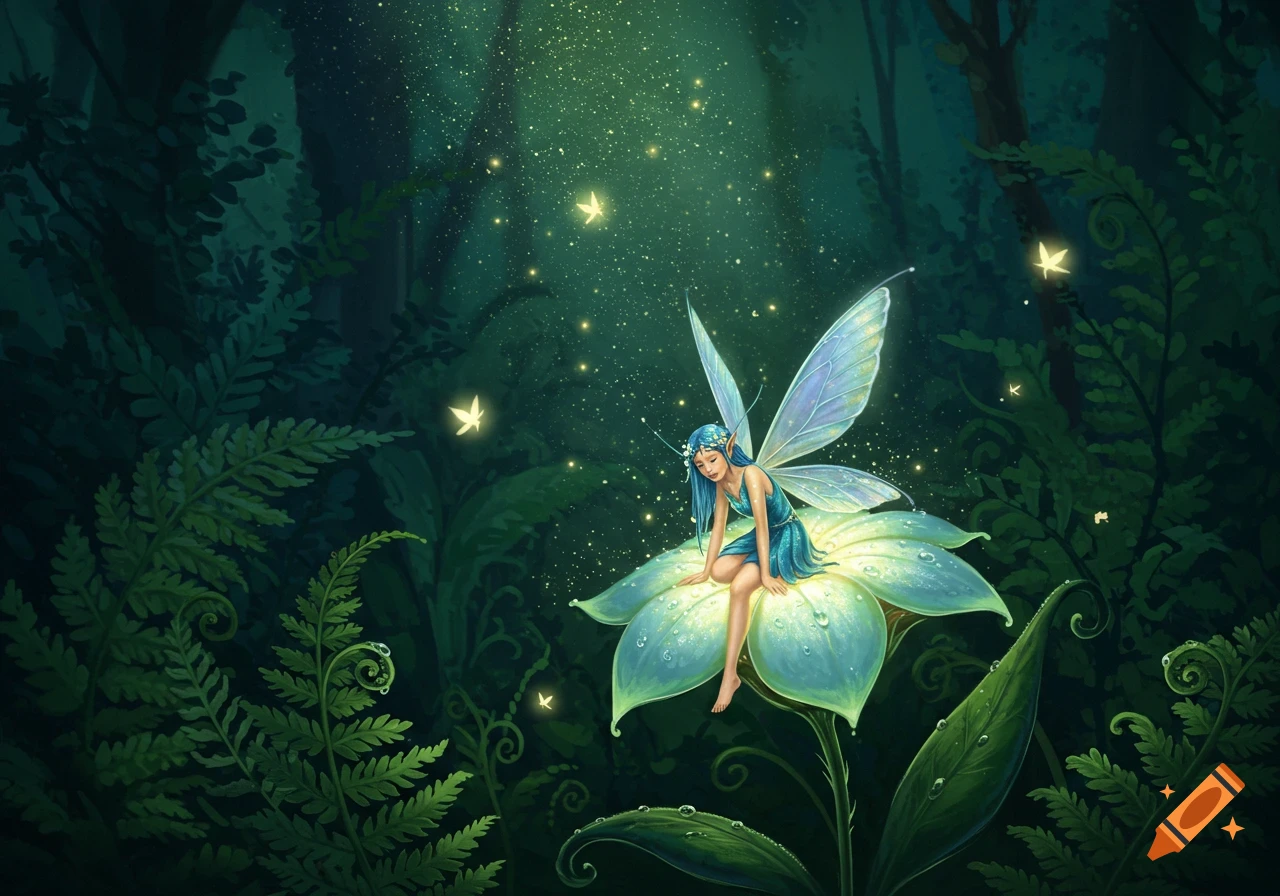A blue-haired fairy with transparent wings sits on a glowing flower in a dark, magical forest with twinkling lights.