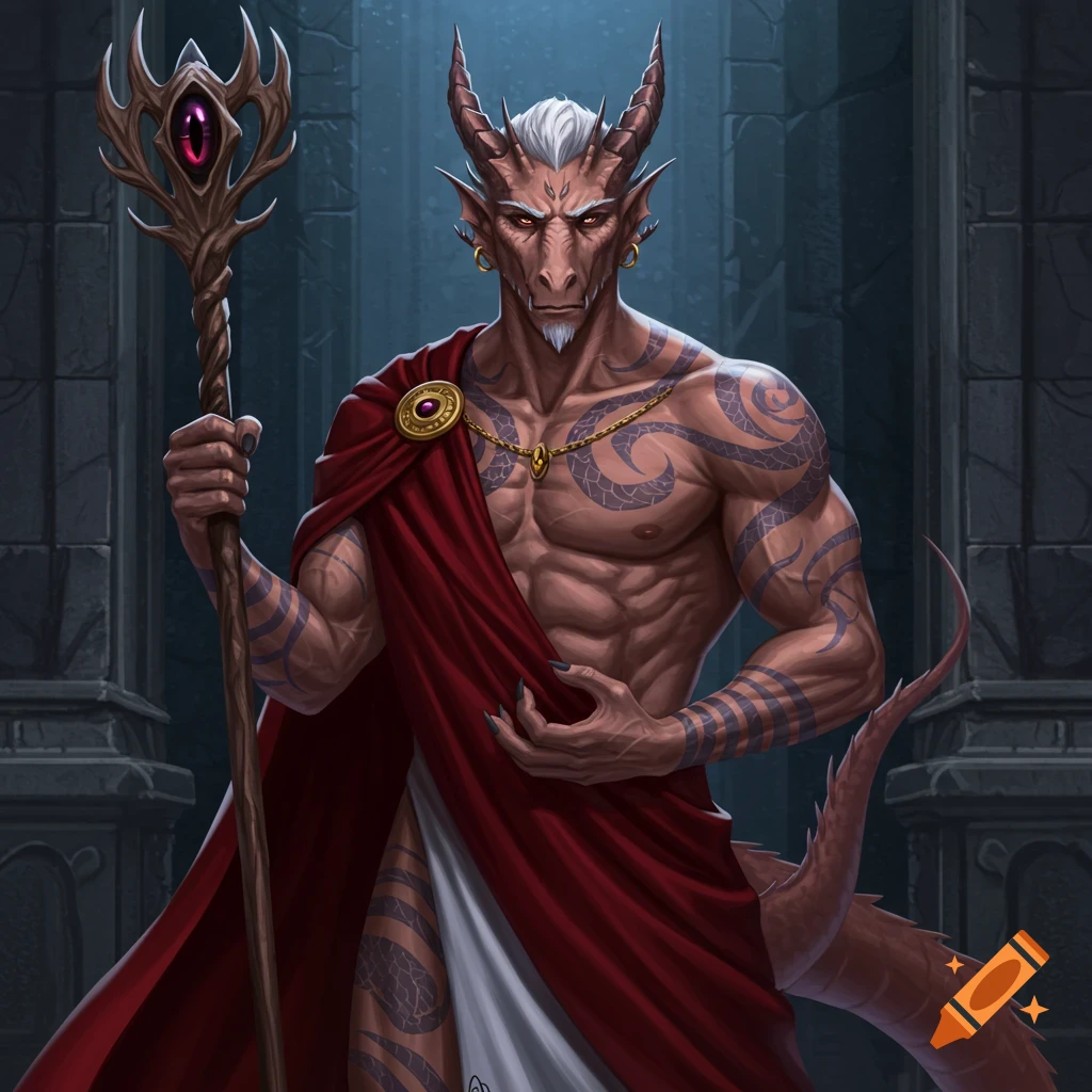 A muscular draconian king with horns, white hair, and tattoos, wearing a red cloak and holding an ornate scepter in a dark stone hall.