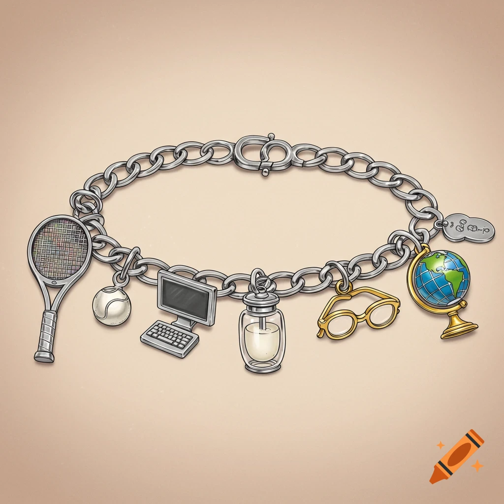A detailed illustration of a silver charm bracelet with a tennis racket, tennis ball, laptop, glass of milk, gold glasses, and a globe.