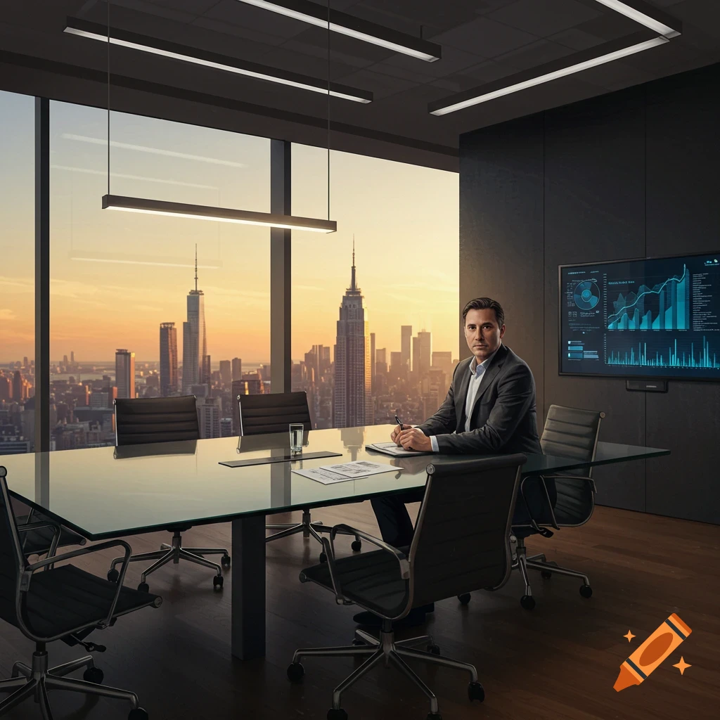 A man in a suit sits at a glass conference table in a modern office with a city skyline at sunset in the background, looking at the camera.