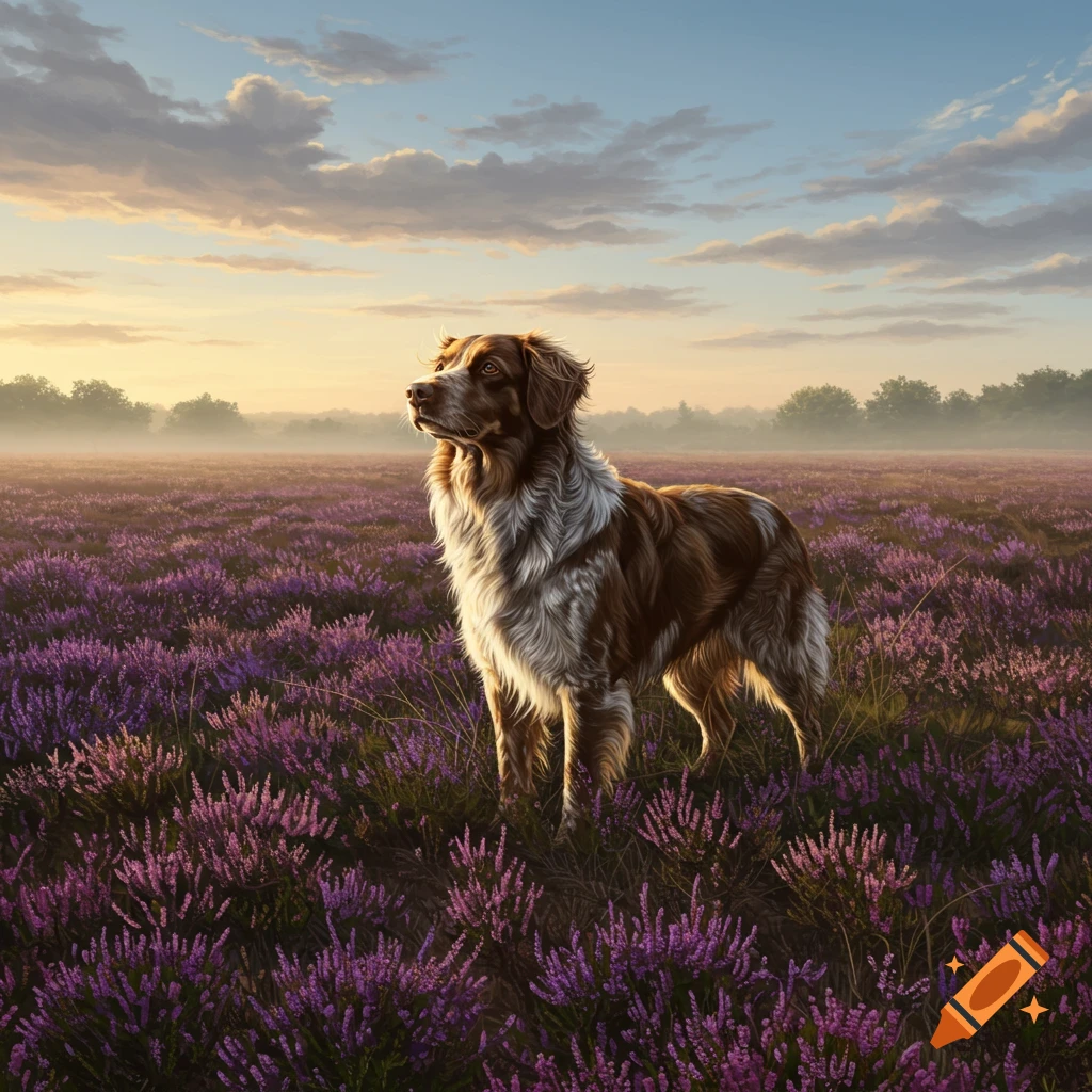 A brown and white dog stands in a vast field of purple flowers at sunrise, looking left.