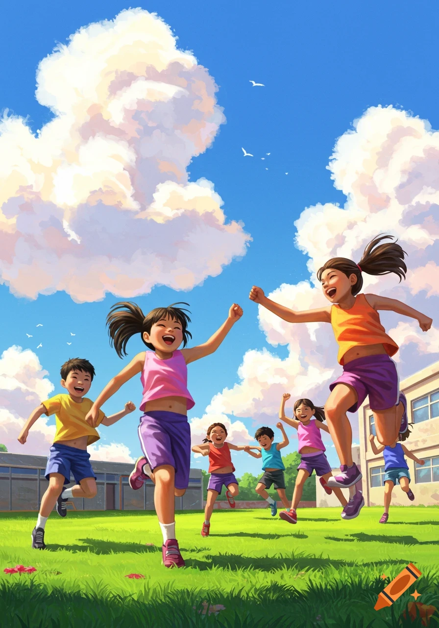 Vibrant illustration of happy children running and jumping on a grassy field by a school under a sunny, cloudy sky.
