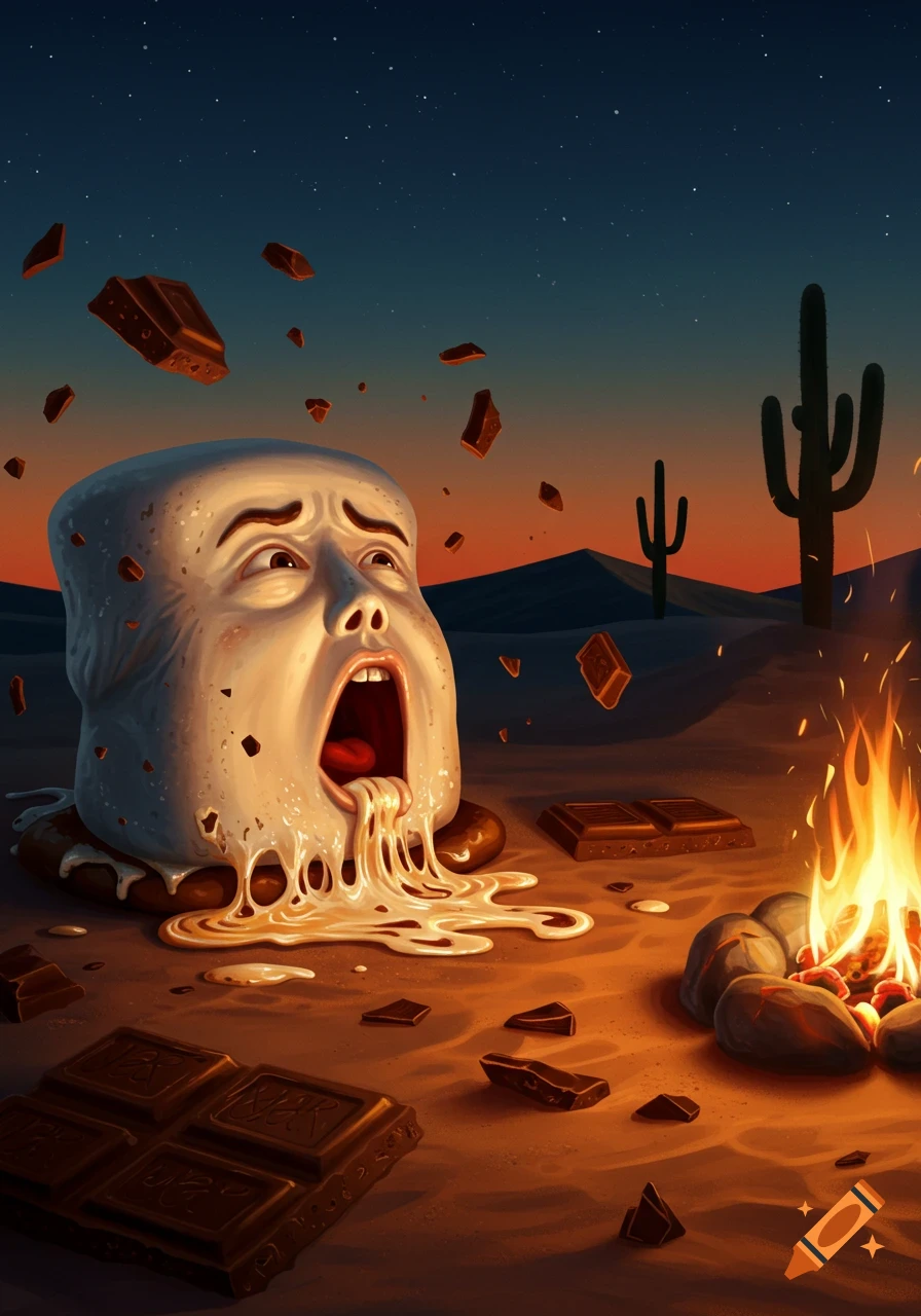 A screaming, melting marshmallow creature with a human face, on a cracker with chocolate and a campfire in a desert sunset, digital art.