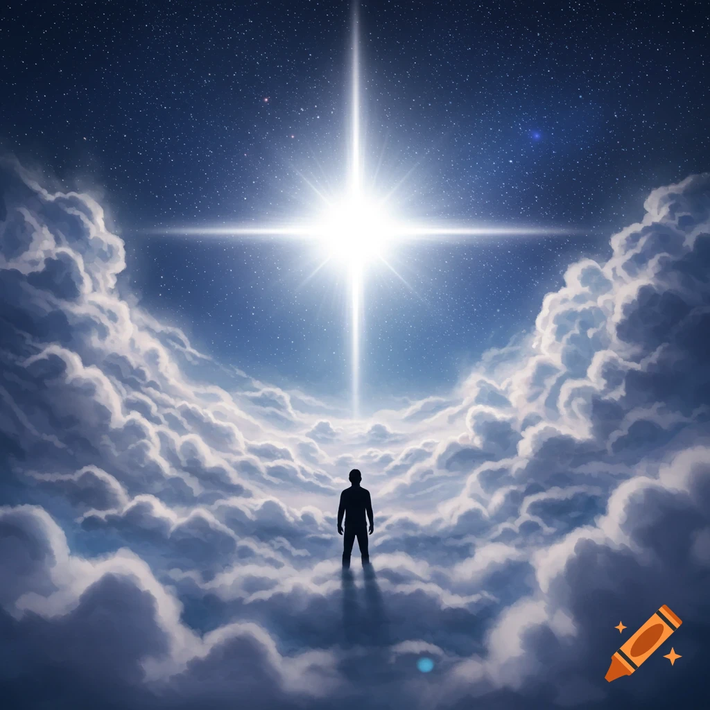 A silhouette of a person standing on clouds, looking up at a bright, radiant star in a dark, starry sky.