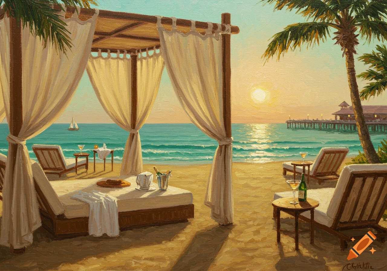 Oil painting of a luxurious beach cabana at sunset, with lounge chairs, ocean, and a distant pier under a warm sky.