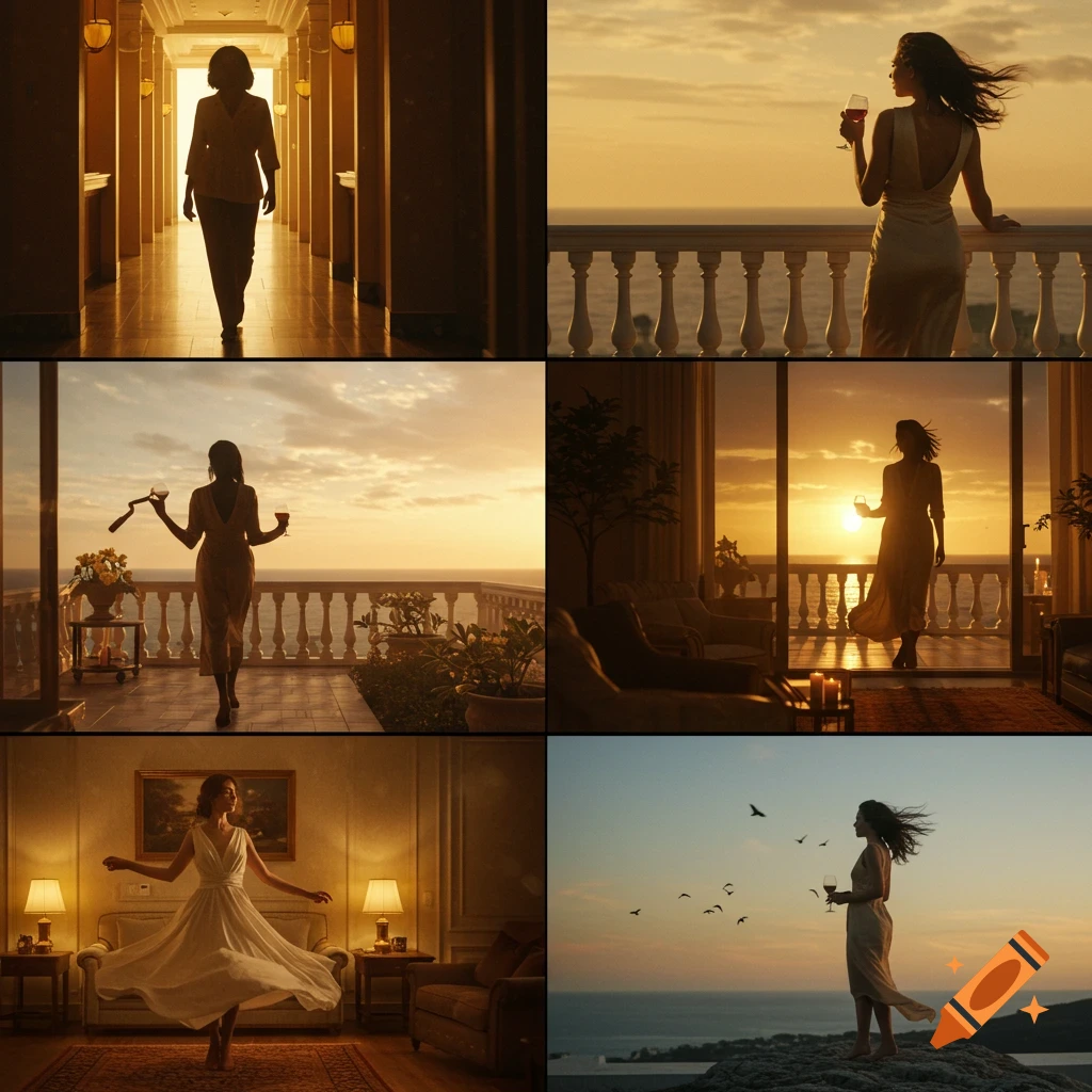 Six photorealistic cinematic scenes of elegant women in golden light, walking in a hallway, on balconies, and dancing.