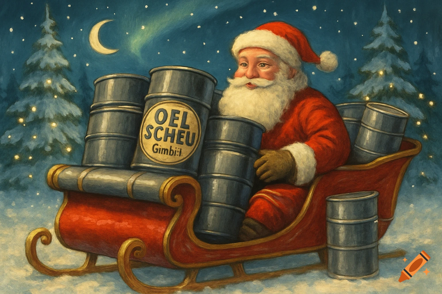 Santa Claus in a red sleigh filled with oil barrels, in a snowy winter night with pine trees and aurora, in a painted style.