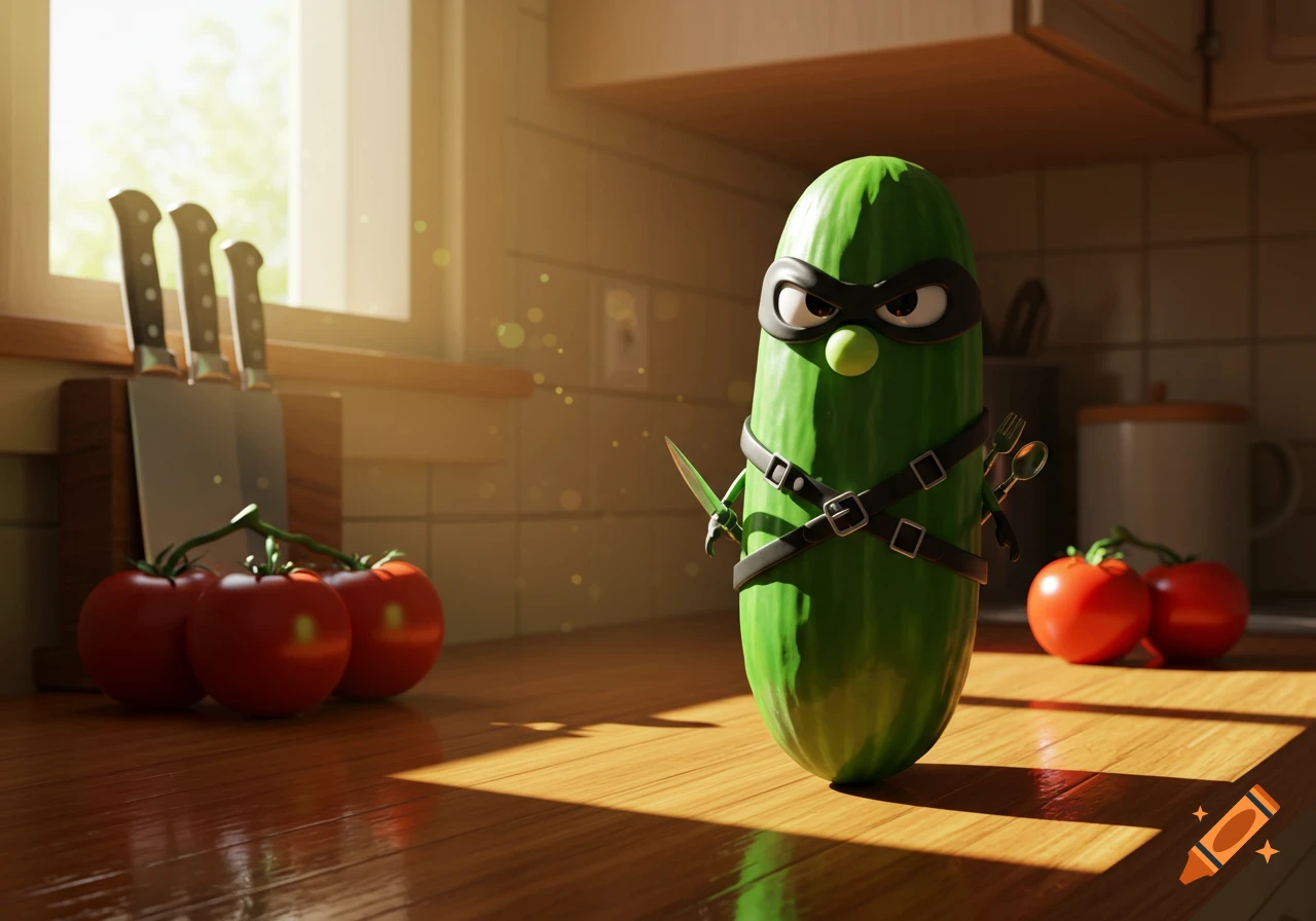 A cartoon assassin cucumber wearing a mask, holding a knife and fork, standing on a kitchen counter next to tomatoes and knives.