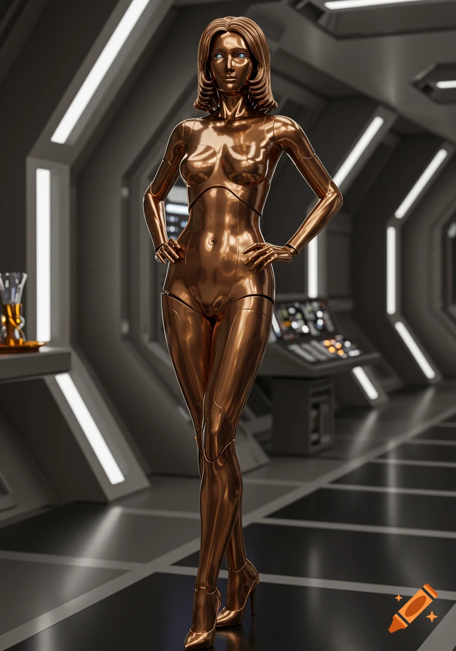 A bronze, feminine humanoid droid with elegant metallic hair and blue eyes stands in a sleek starship corridor, wearing high heels.