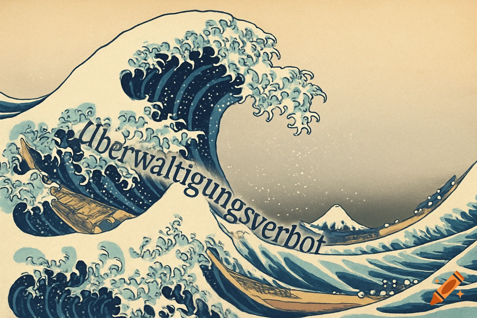 A stylized Japanese woodblock print of a great wave, with 'Überwältigungsverbot' written in its crest.