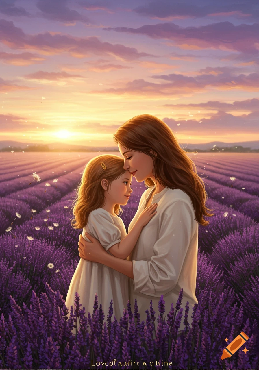 A mother and daughter embrace in a vibrant purple lavender field at sunset, rendered in a warm, painterly digital art style.