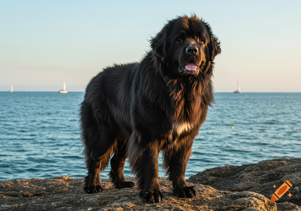 A large black Newfoundland dog stands on rocks by the ocean under a clear sky, with sailboats in the distance. Photorealistic.