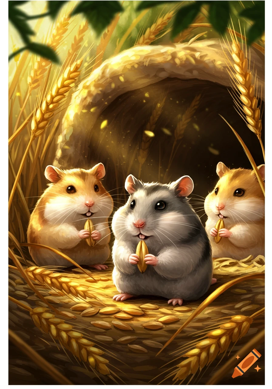 Three cute illustrated hamsters, one grey, two golden, holding wheat grains in a sunlit field with a burrow.