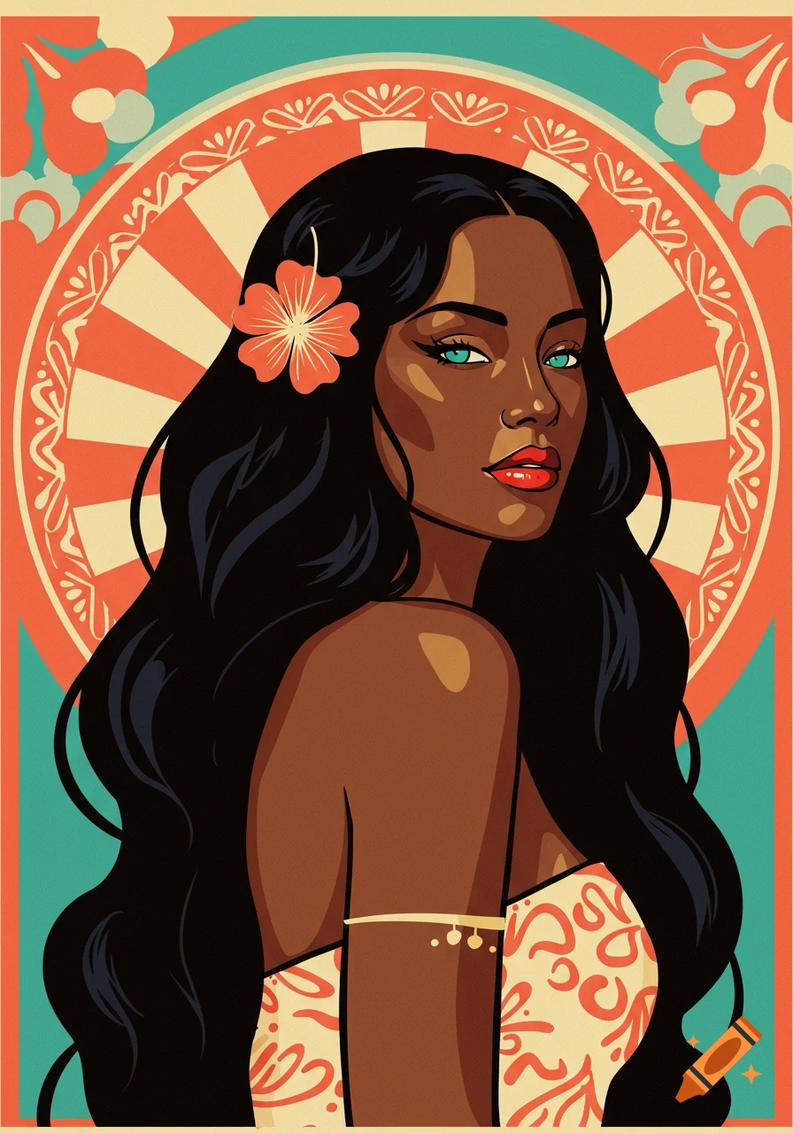 Graphic drawing of an island woman with long black hair and an orange flower, set against a retro striped background.