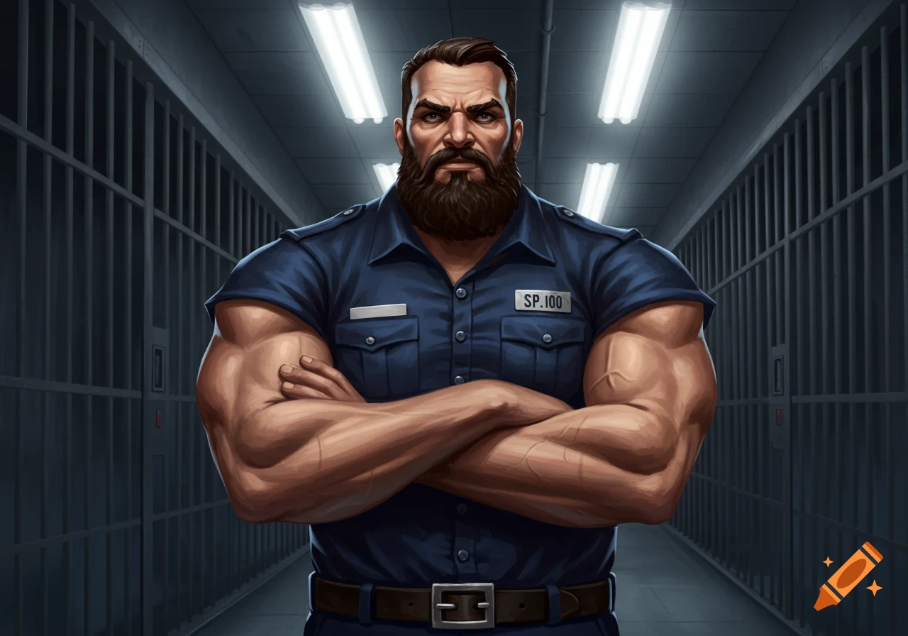 Stylized illustration of a muscular, bearded prison guard in a blue uniform, arms crossed, standing in a dark prison hallway.