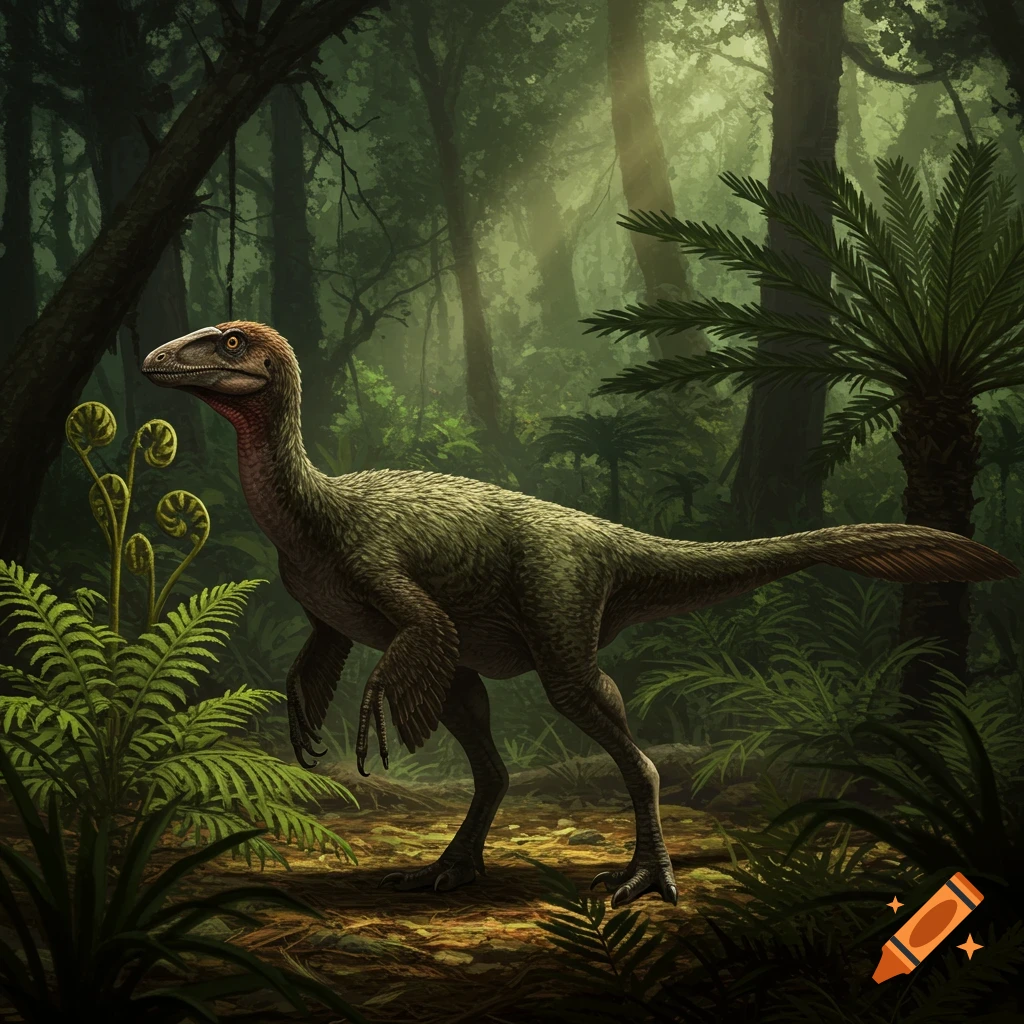 A detailed illustration of a feathered Coelophysis dinosaur standing in a lush, green prehistoric jungle with ferns and trees.