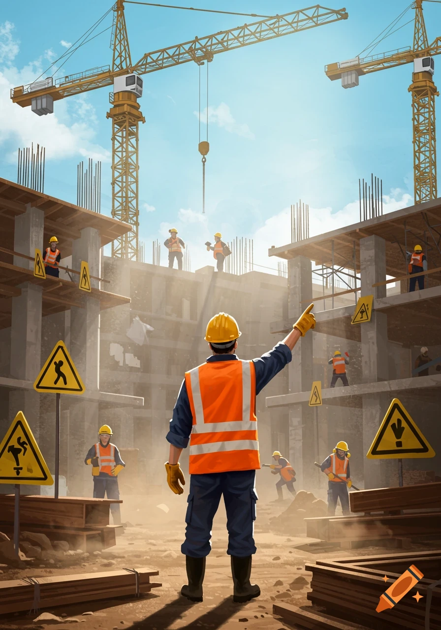 A stylized illustration of a construction site with multiple workers. A worker in an orange vest is seen from behind, pointing up at cranes and other workers on various levels of an unfinished building under a bright, sunny sky.