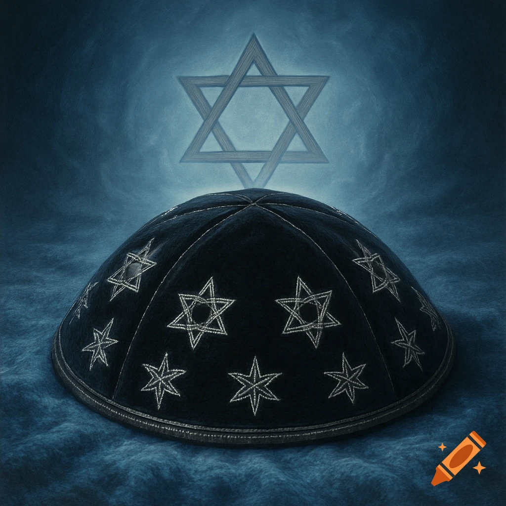A black yarmulke with silver Stars of David embroidery rests on a textured blue surface, with an ethereal Star of David above.