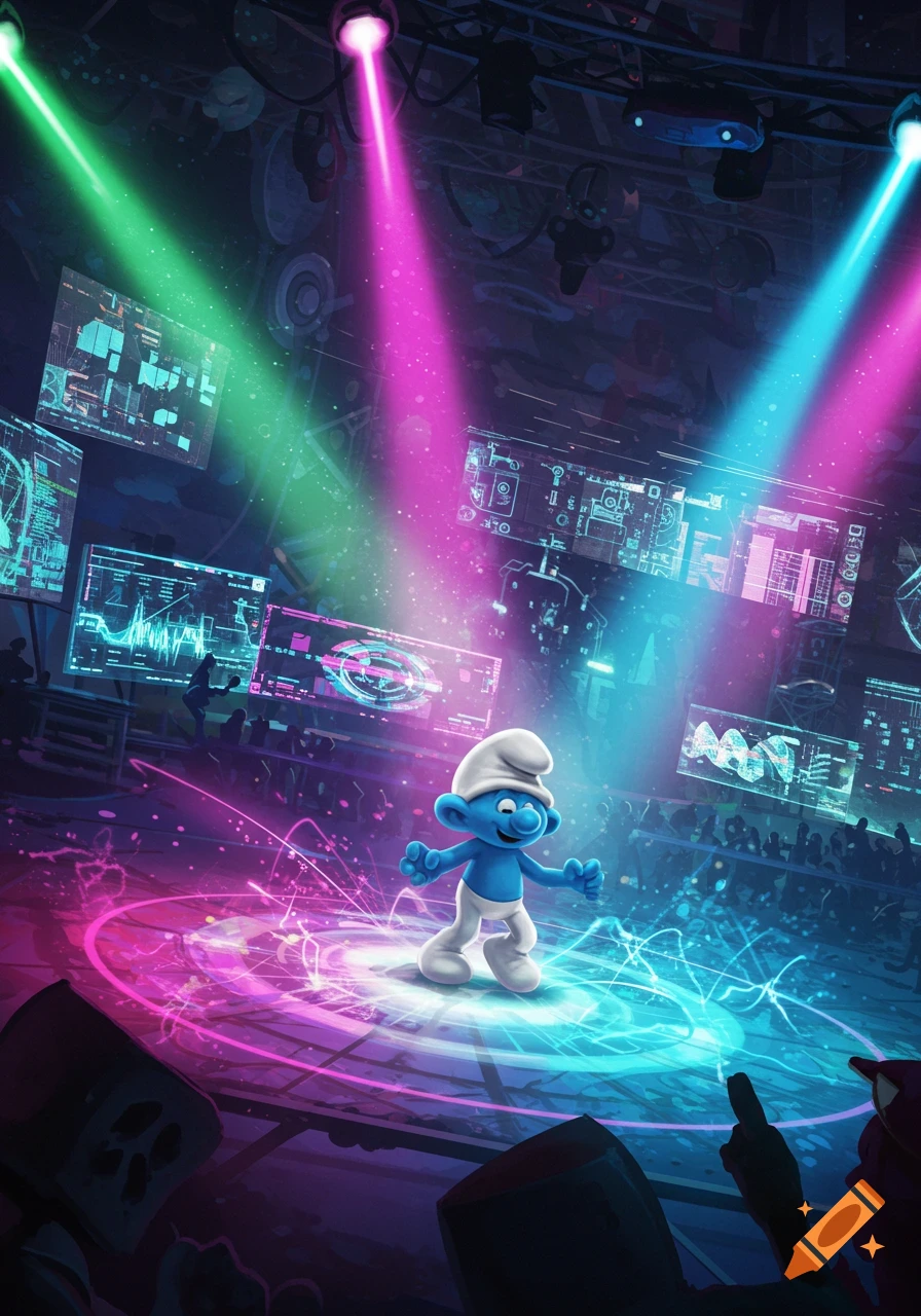 A Smurf character on a stage under green, pink, and blue spotlights, surrounded by glowing neon patterns and screens displaying electronic data, at a techno party.