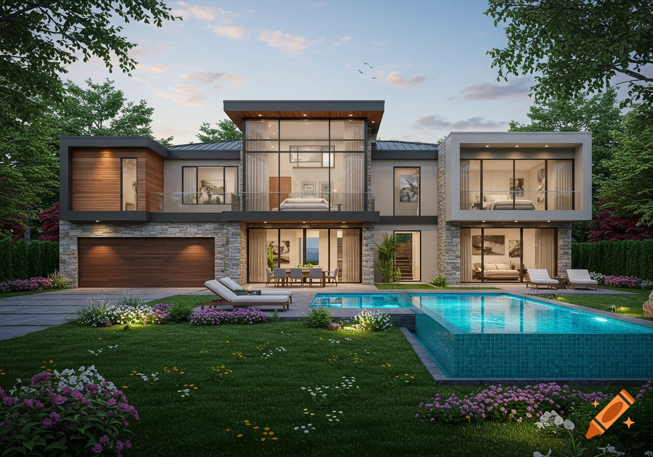 Photorealistic render of a modern luxury house with a swimming pool, large windows, and a landscaped yard at dusk.