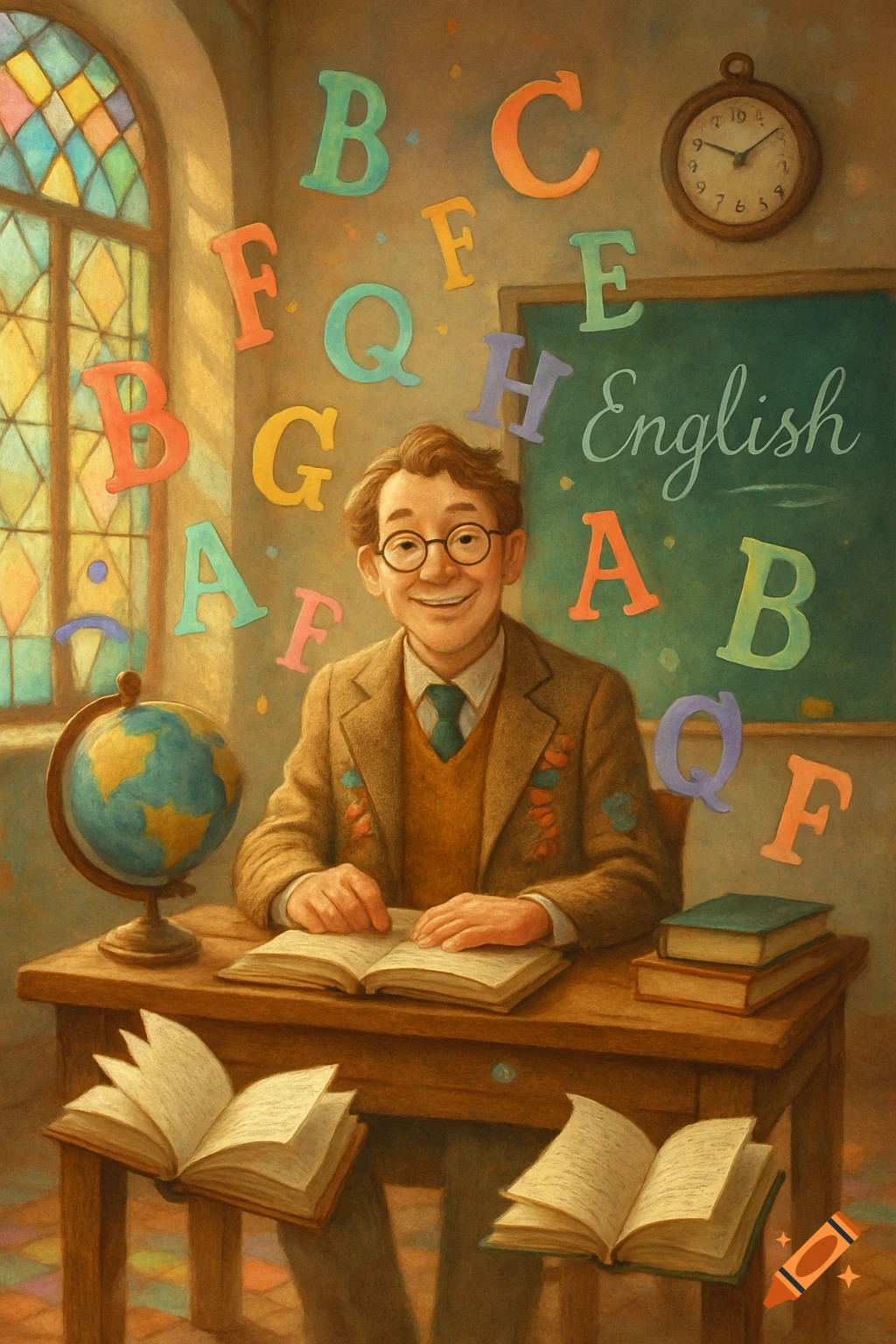 A cheerful man in glasses sits at a desk in a colorful classroom with books, a globe, a blackboard, and floating alphabet letters.