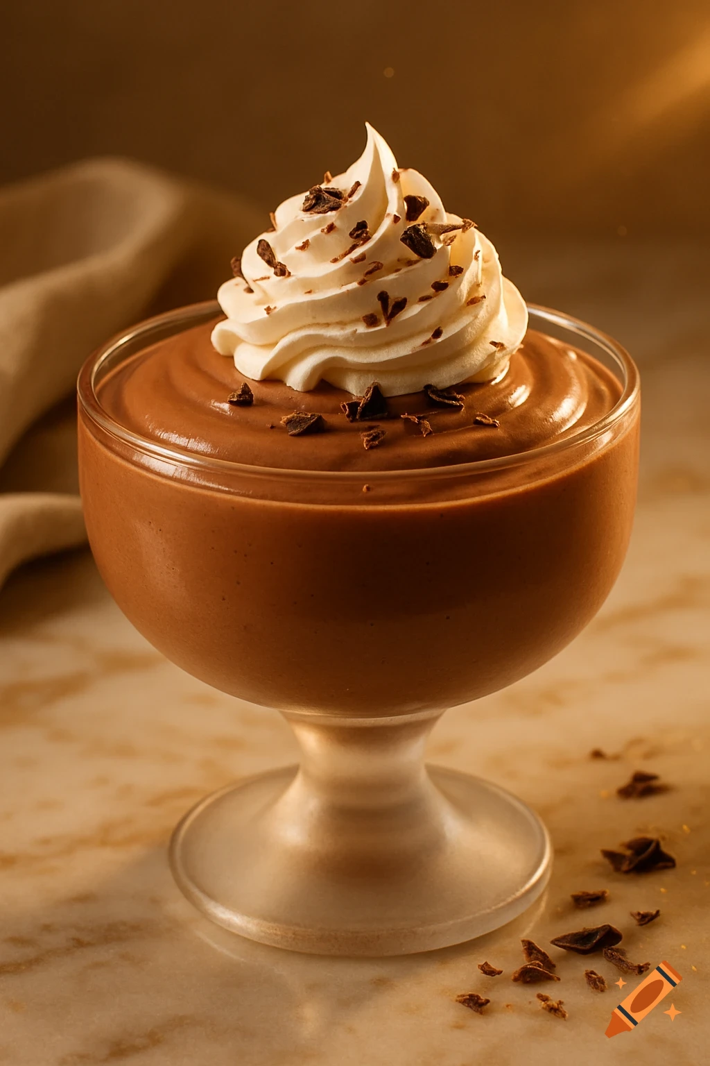 Photorealistic chocolate pudding in a glass cup, topped with whipped cream and chocolate shavings on a marble surface.