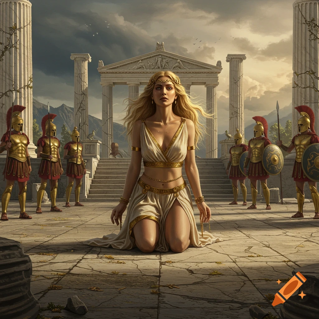 An ancient Greek goddess kneels calmly in a stone courtyard, encircled by armored soldiers, amidst temple ruins.