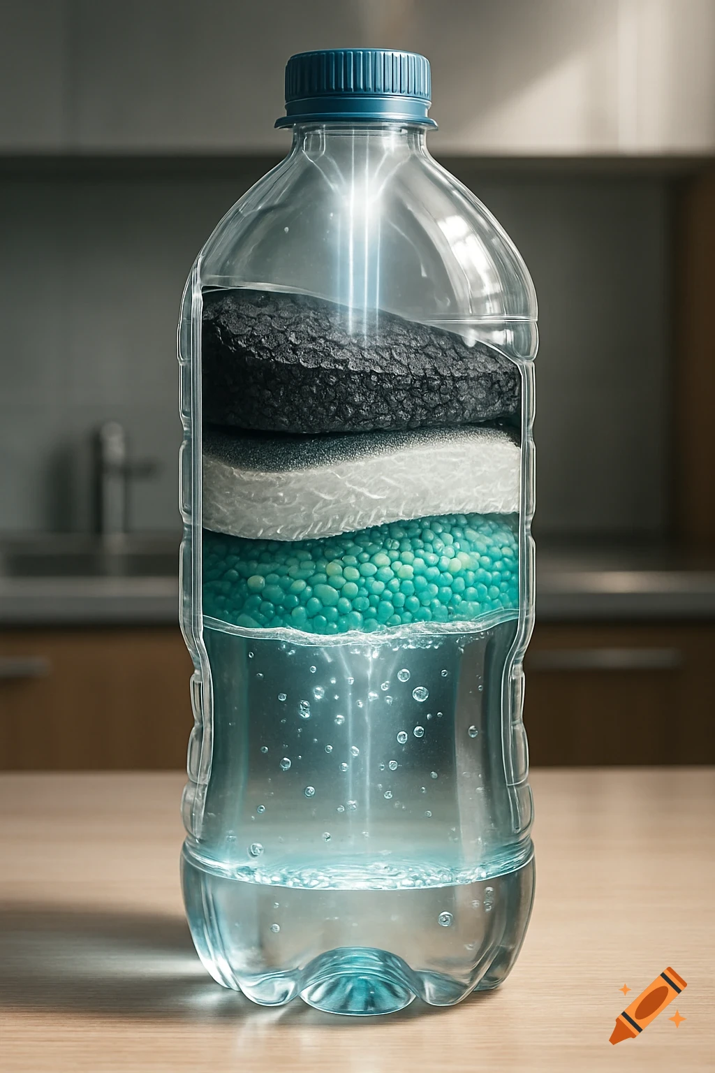 Photorealistic image of a transparent plastic water bottle with visible filtration layers and water, on a kitchen counter.