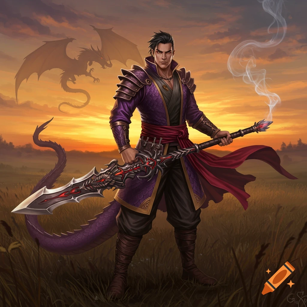 A fantasy male dragon master with a dragon sword stands in a field at sunset, a dragon silhouette in the sky.