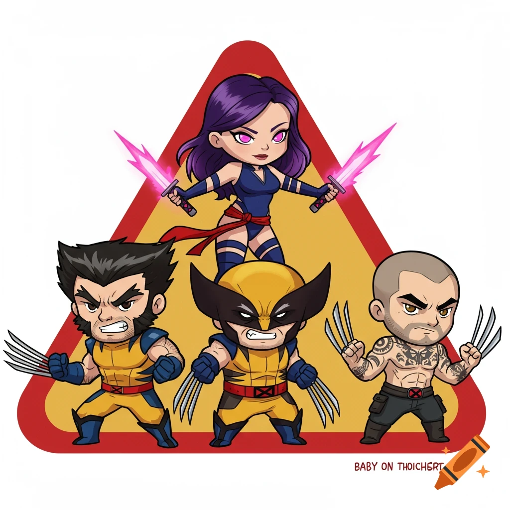 Chibi-style Wolverine, Psylocke, X-23, and Daken stand in dynamic poses on a red and yellow triangular background.