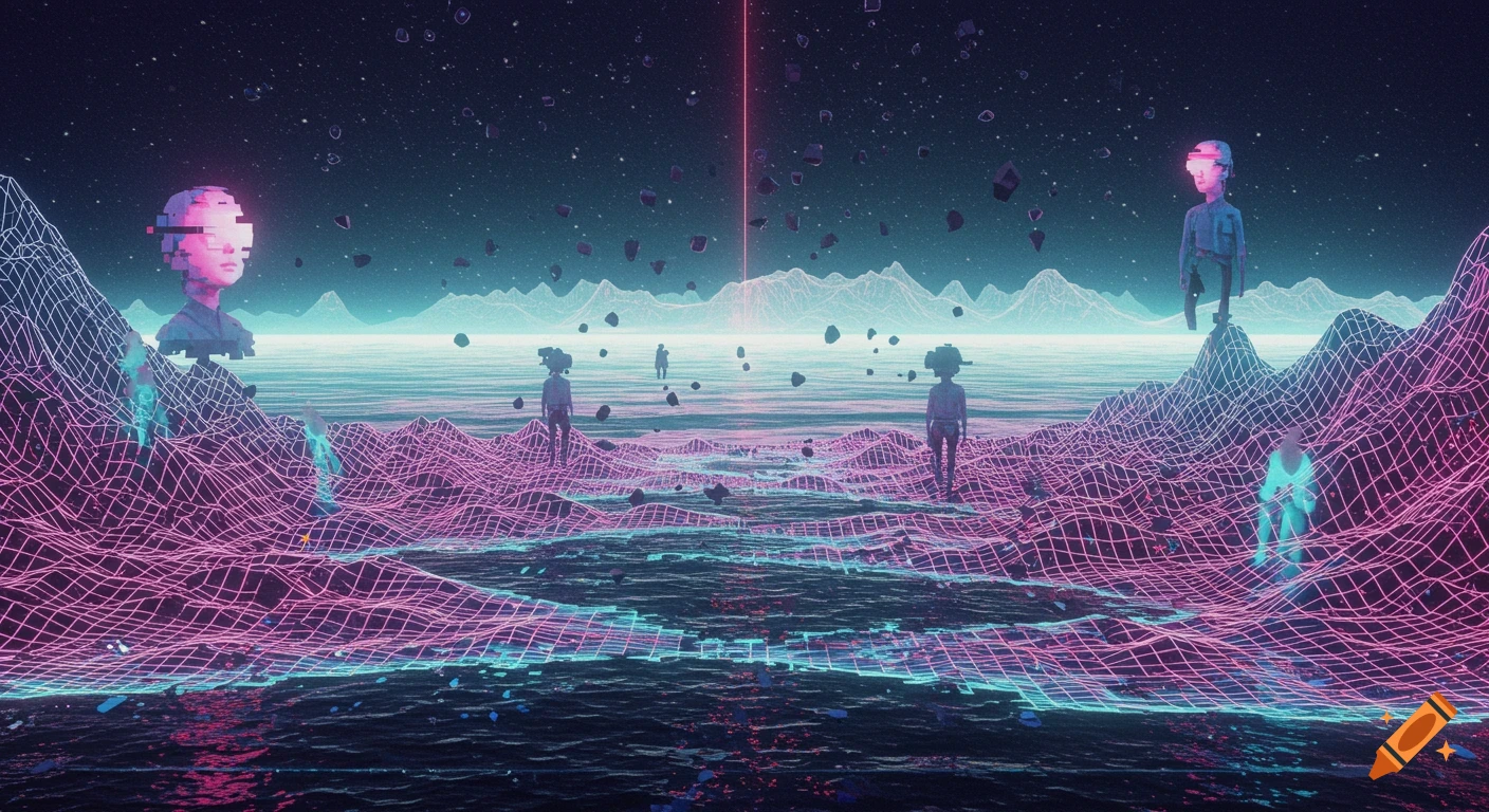 Glitched virtual reality landscape with glowing wireframe mountains, distorted avatars, floating pixels, and a starry night.